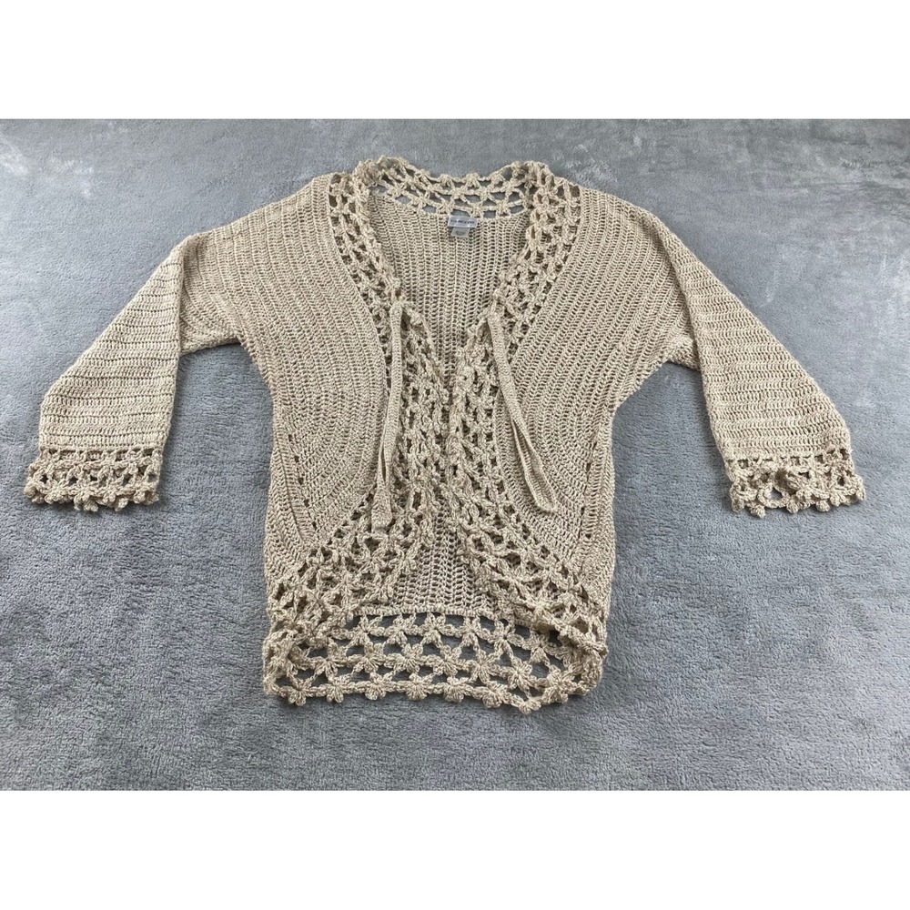 Chico's Crochet Knit Open Front Cardigan Sweater, Tie Closure, Size‎ 1